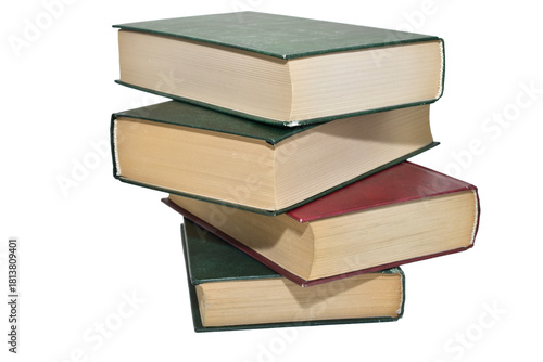 Tall stack of thick books on PNG background, clipping path.