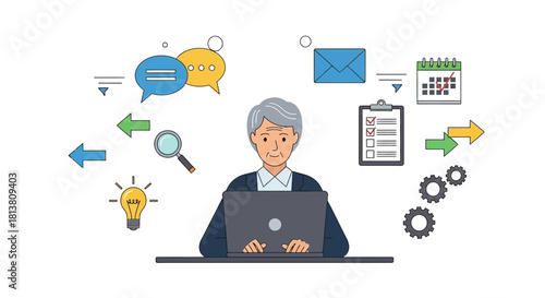 Elderly professional working on laptop, managing tasks, communicating, and generating digital ideas.