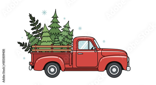 Red vintage pickup truck carrying evergreen christmas trees under falling snow, festive holiday design vector.