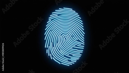 A glowing blue digital fingerprint on a dark background, representing security and identity.