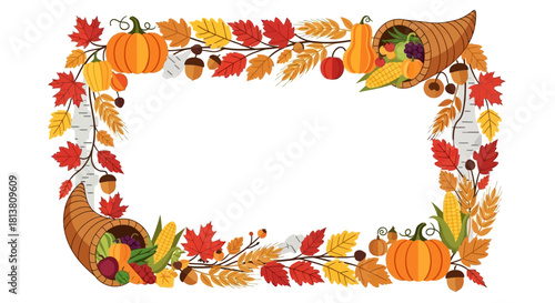 Autumn harvest festival frame with pumpkins, cornucopias, colorful leaves, wheat, and seasonal elements