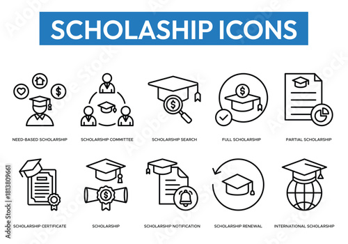 Set of clean outline icons showing scholarship search, funding, certificates, notifications, renewals, committees, and international scholarships. Ideal for education apps, websites, and infographics.