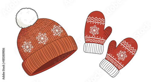 Knitted red winter hat with white pom-pom and matching mittens adorned with snowflakes, cozy seasonal apparel.