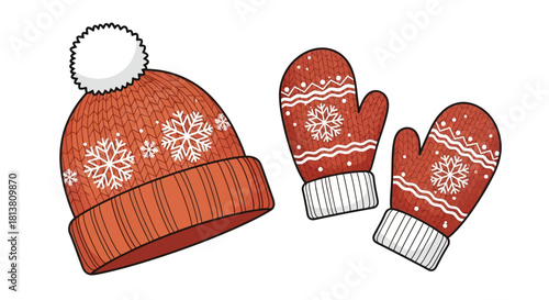 Knitted winter hat with pom-pom and matching mittens adorned with white snowflake patterns, warm winter set.