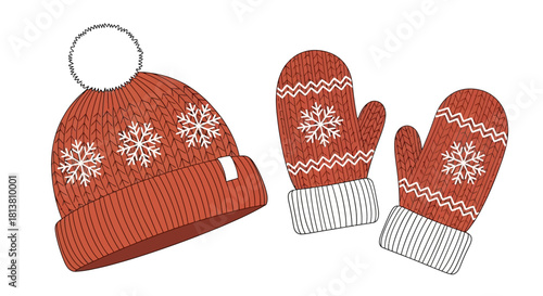 Cozy knitted red winter hat with white pompom and matching mittens, adorned with elegant snowflake patterns