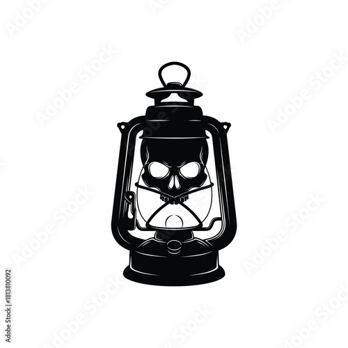 Vintage Oil Lantern Featuring Skull Illustration.