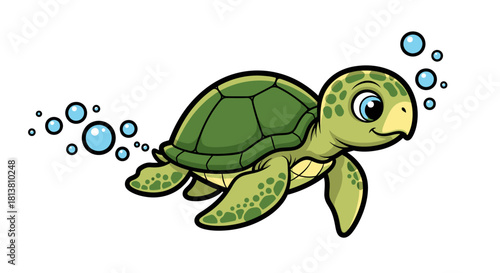 Adorable cartoon green sea turtle swimming happily underwater with blue bubbles, a charming aquatic creature