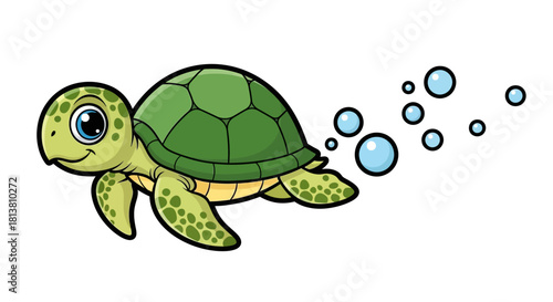 Friendly cartoon sea turtle swimming happily with bubbles, a cute and cheerful marine animal illustration.