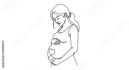 Line art of a pregnant woman holding her belly with a heart. symbolizing motherhood, love, new life, and hope.
