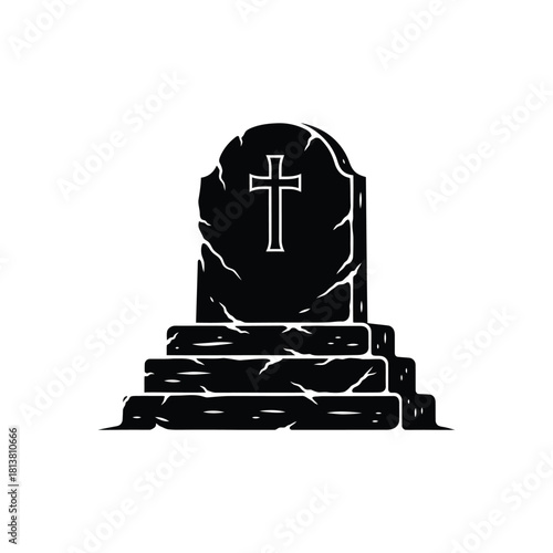 Old Stone Gravestone with Cross on Pedestal.