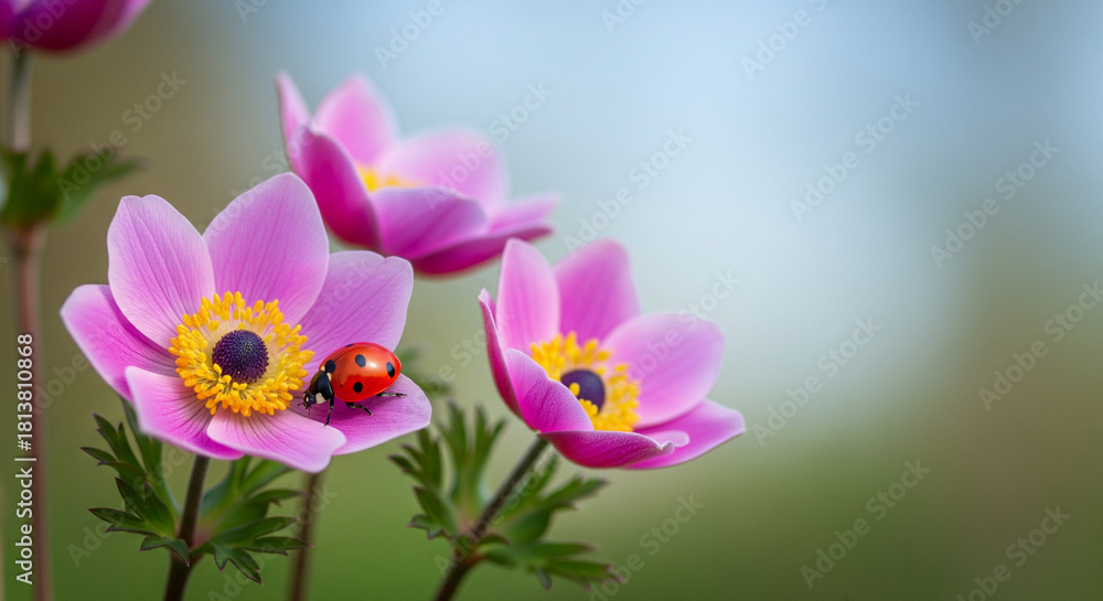 Fototapeta premium Ladybug on pink anemone blossoms in spring evokes nature's beauty and renewal