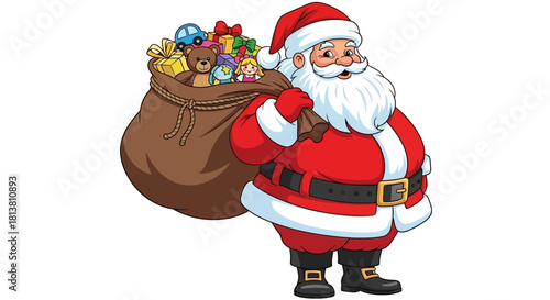 Illustration of Santa Claus carrying a sack full of toys on his back.