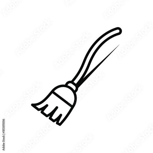 Handheld broom with curved handle line drawing.