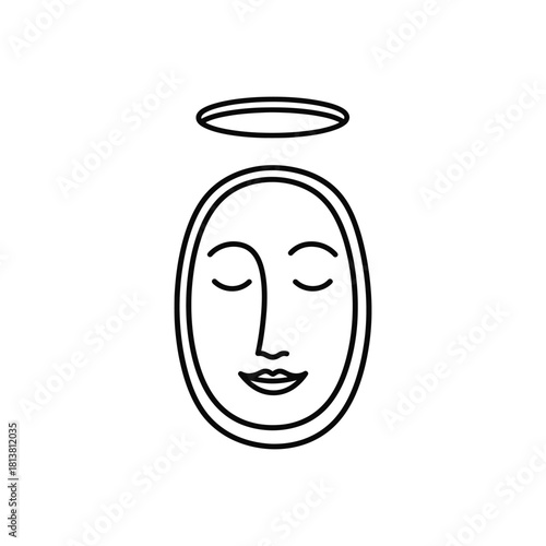 Minimalist Serene Face With Halo Line Drawing.