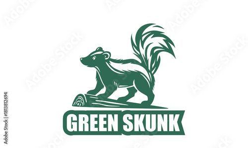 WILD GREEN SKUN STANDING ON WOOD LOGO, silhouette of great ugly stinky animal vector illustrations