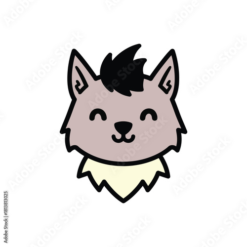 Smiling cute cartoon wolf head illustration.