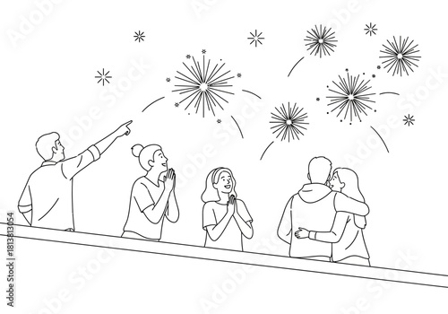 People Watching Fireworks Display Illustration