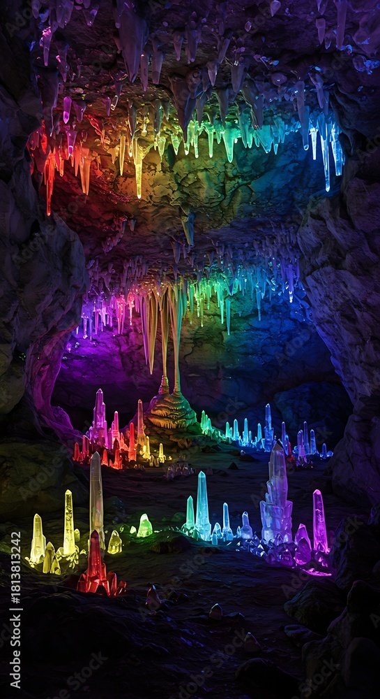 Obraz premium Vibrant illuminated cave formations displaying colorful geological structures