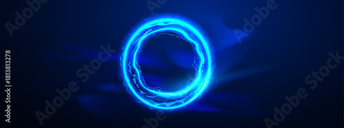 Neon blue circle with lightning discharges, magical energy ball. Vector Illustrator	