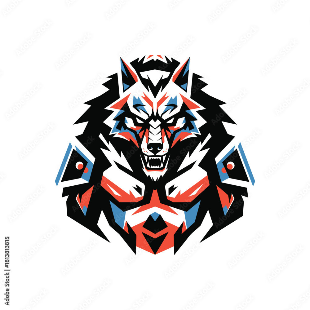 Obraz premium Geometric Wolf Mascot Head With Armored Shoulders.
