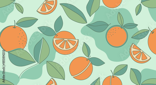 Seamless pattern design with oranges and leaves on a green background.
