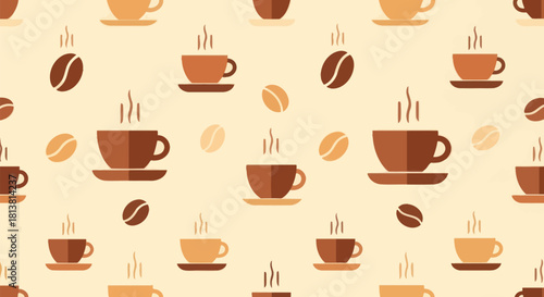Seamless pattern with stylized coffee cups and beans.