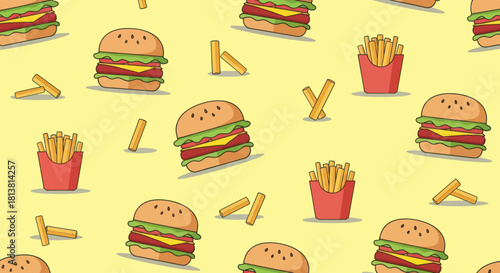 Seamless pattern of burgers and french fries on a yellow background.