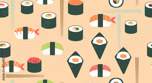 Seamless sushi pattern with chopsticks