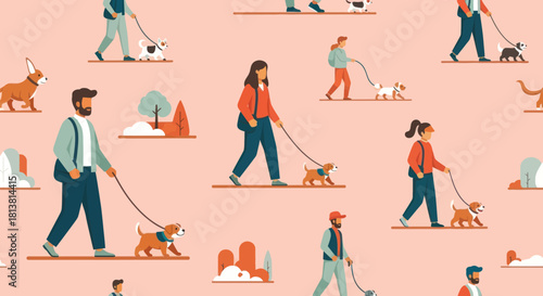 People walking their dogs in an urban park setting.