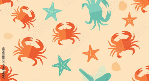 Seamless pattern with colorful crabs and starfishes on a light background.