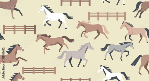 Seamless pattern of flat design horses running in a field with fences.