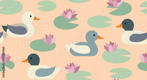 Seamless pattern with cute ducks and water lilies.