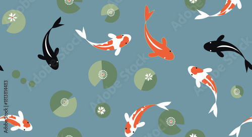 A seamless pattern of koi fish and lily pads.