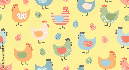 Seamless pattern with colorful cartoon chickens and easter eggs on yellow background.