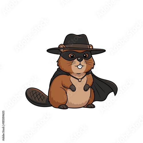 Cartoon Beaver Wearing Masked Hero Hat and Cape.