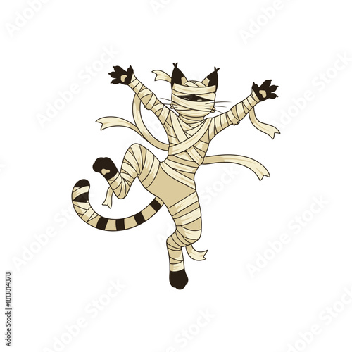 Playful bandaged cartoon cat mummy dancing.