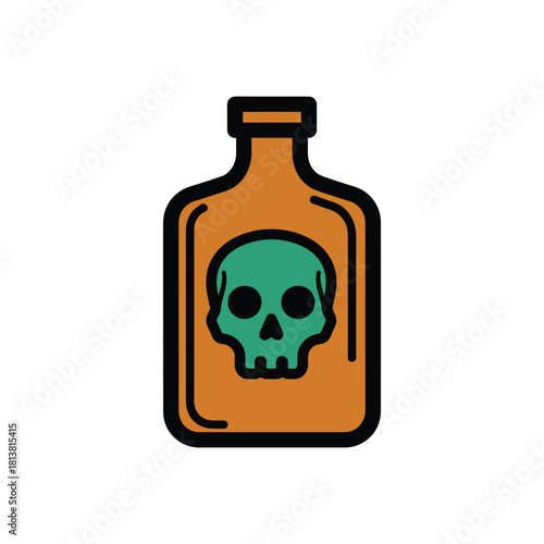 Amber Glass Bottle With Green Skull Poison Symbol.