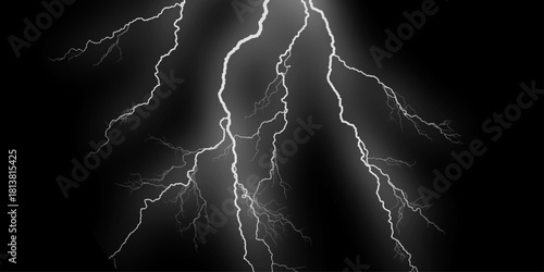 Massive lightning bolt with branches isolated on black background. Lightning bolt. thunder lighting on black sky. 3d illustration, lightning, storm, thunder set. Thunder, lightnings and rain at night