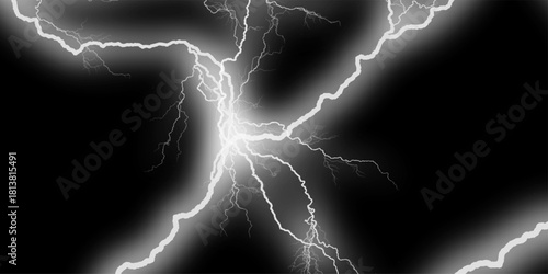 Massive lightning bolt with branches isolated on black background. Lightning bolt. thunder lighting on black sky. 3d illustration, lightning, storm, thunder set. Thunder, lightnings and rain at night