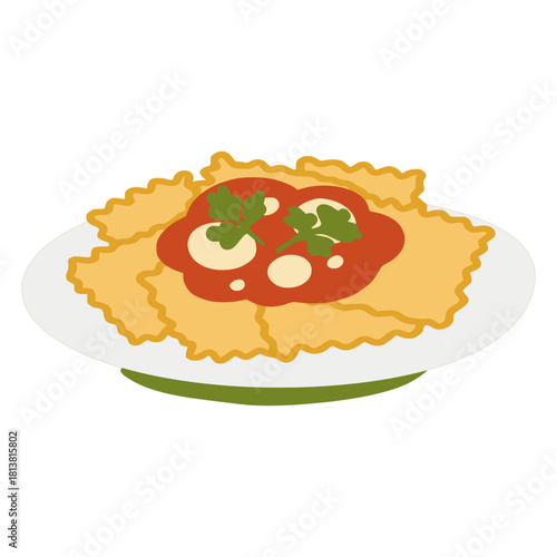 Italian pasta dish serving ravioli with sauce