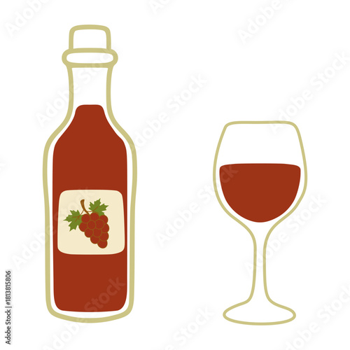 Bottle of red wine with glass drawing