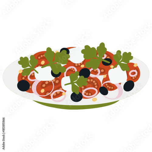 Italian tomato salad with mozzarella, olives, and onion rings