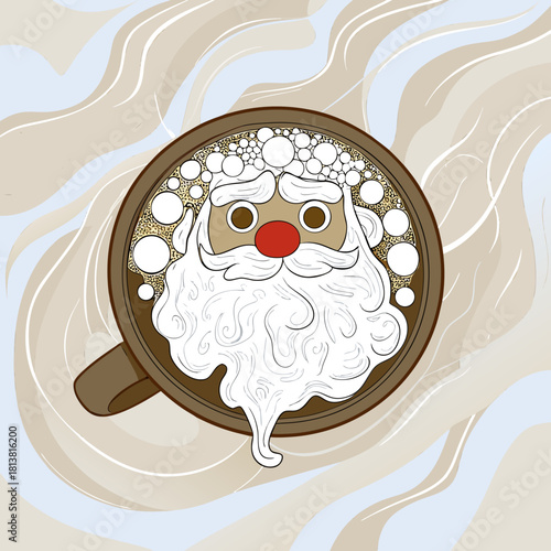 Santa Claus face made of foam in coffee cup with beige background  