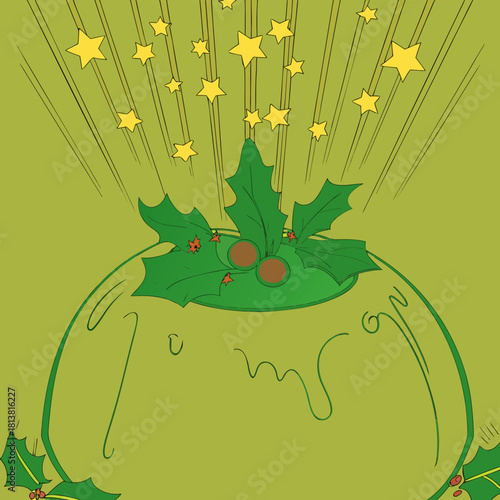 Illustration of green Christmas pudding with holly and stars  