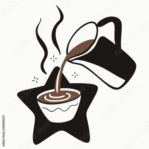 Coffee pouring from pitcher into bowl with steam in star shape  