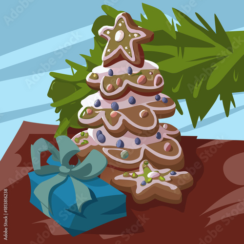 Gingerbread Christmas tree with colorful decorations beside a gift  