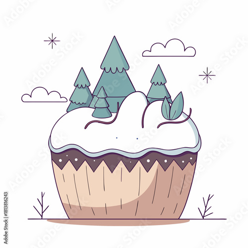 Cute cupcake with snowy peak and evergreen trees illustration  
