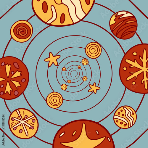 Colorful circular cookies and candies on a pastel blue background  