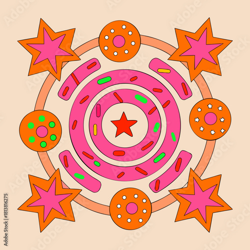 Colorful abstract pattern with stars and donuts on pastel background  
