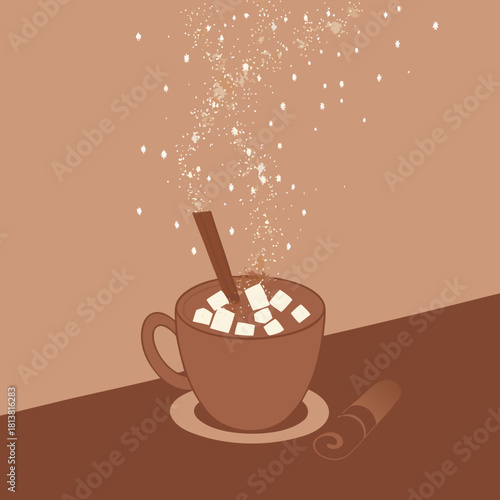 Hot chocolate with marshmallows and sugar on a brown background  